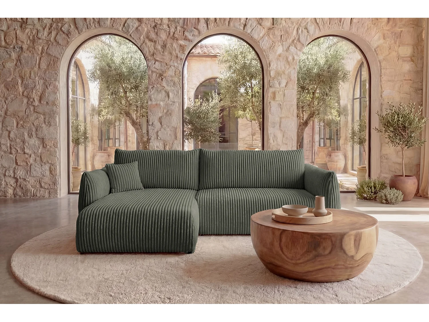 ELIO - Canapé d'angle convertible gros velours côtelé - Vert