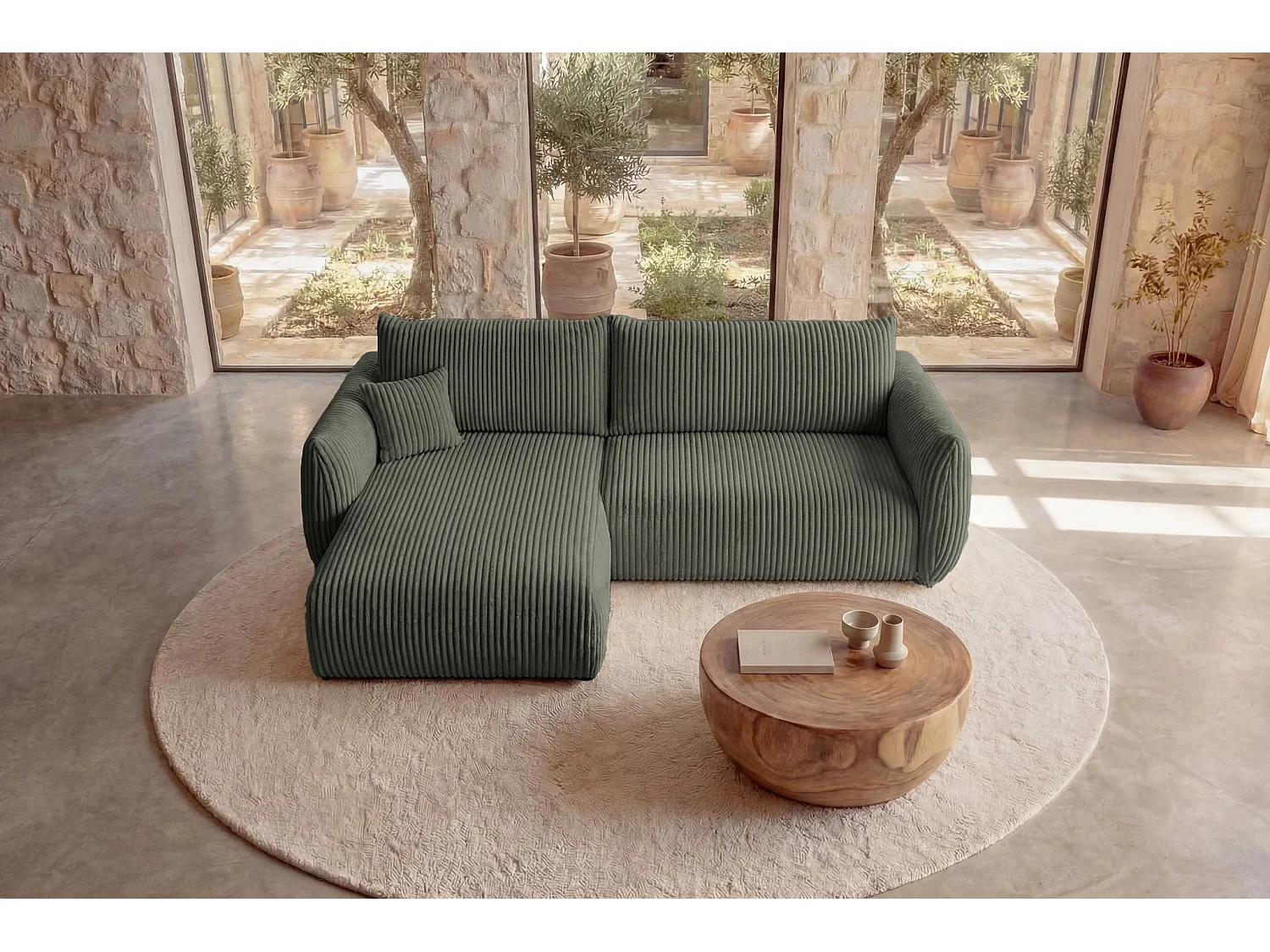 ELIO - Canapé d'angle convertible gros velours côtelé - Vert