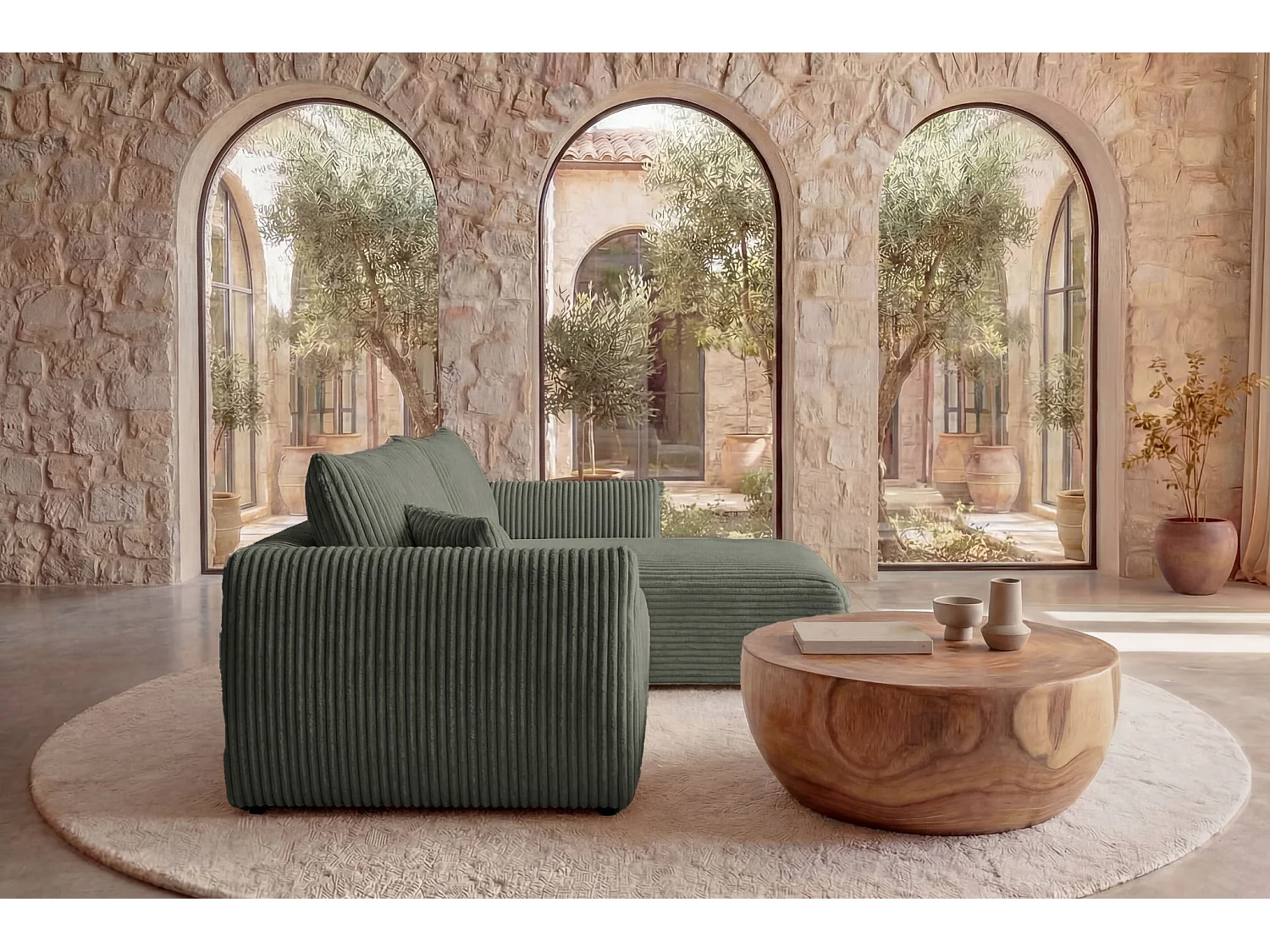 ELIO - Canapé d'angle convertible gros velours côtelé - Vert