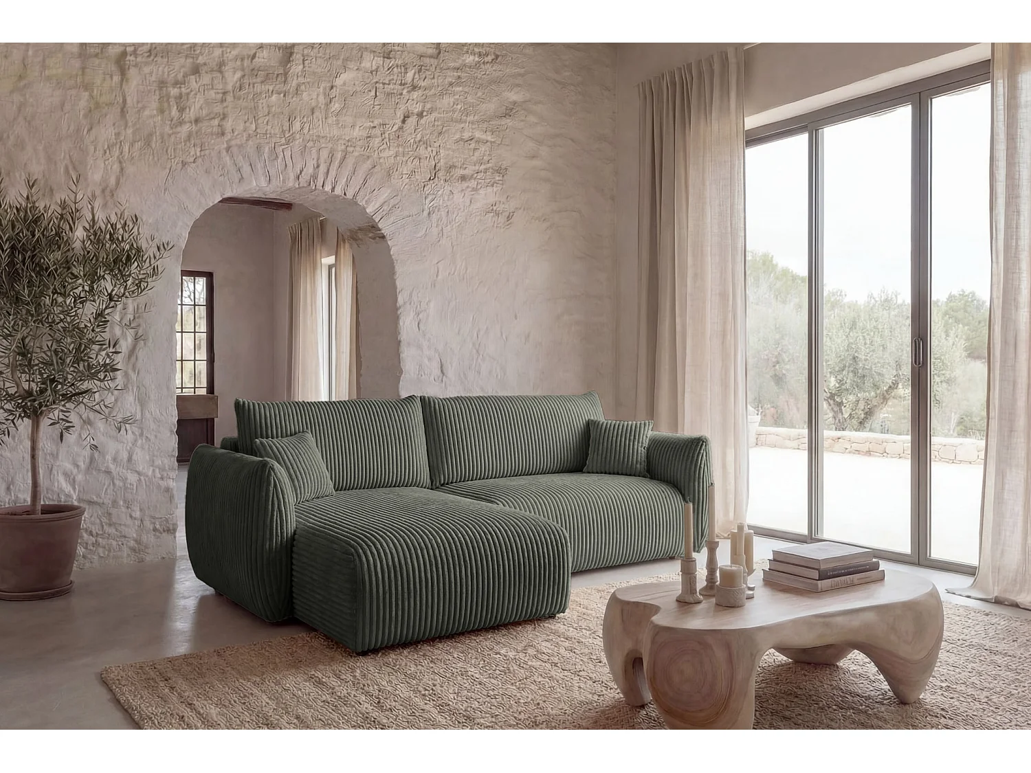 ELIO - Canapé d'angle convertible gros velours côtelé 4 places - Vert