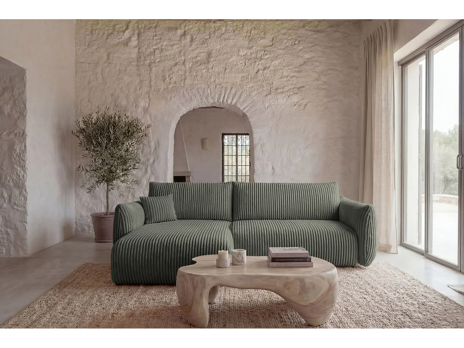 ELIO - Canapé d'angle convertible gros velours côtelé 4 places - Vert