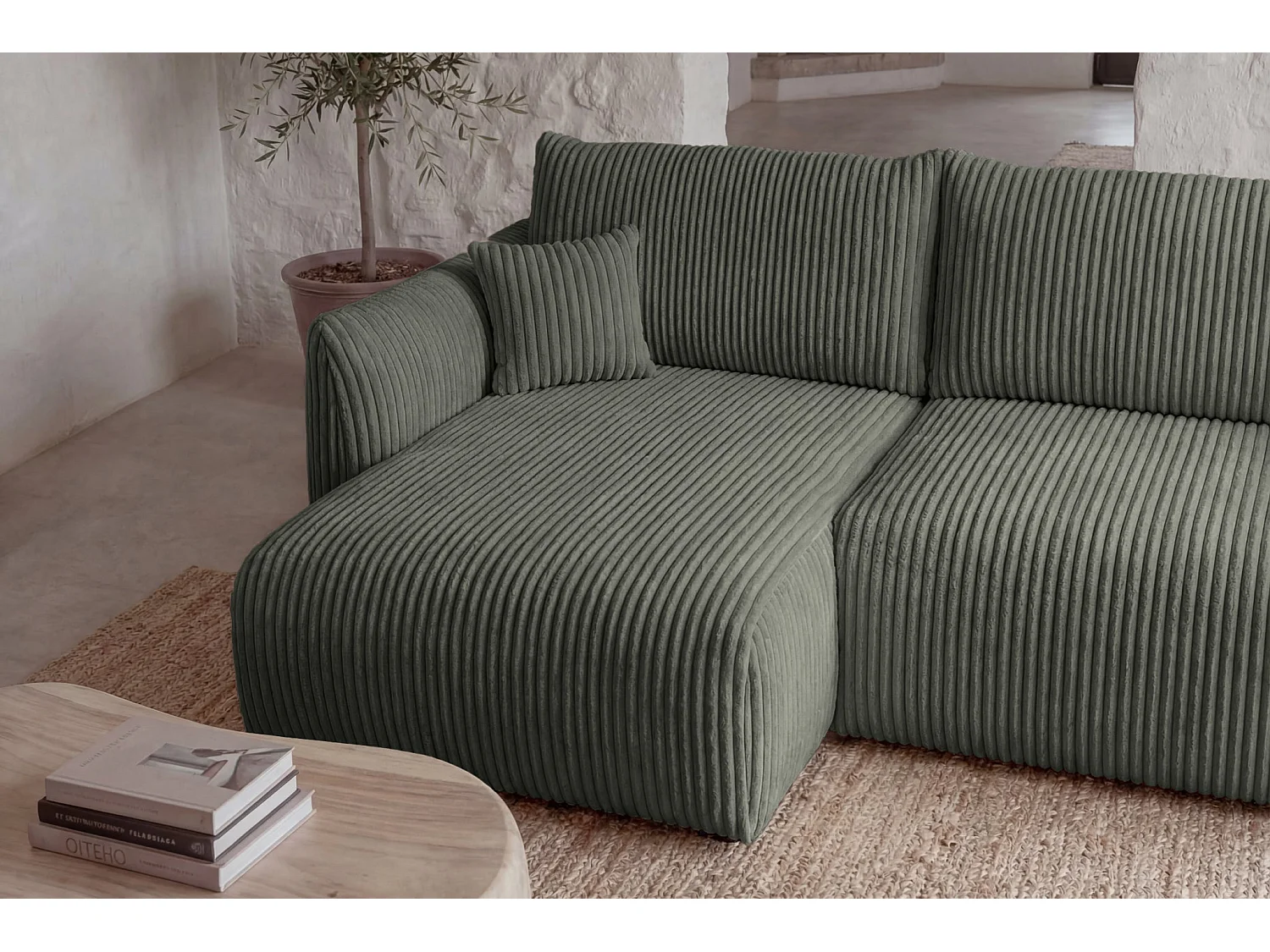 ELIO - Canapé d'angle convertible gros velours côtelé 4 places - Vert