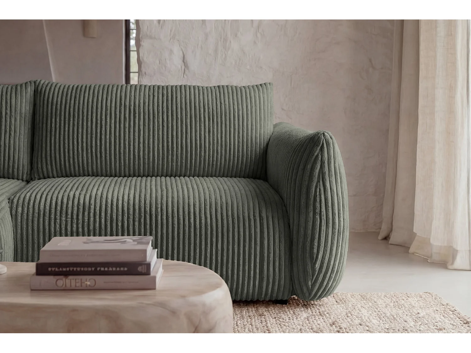 ELIO - Canapé d'angle convertible gros velours côtelé 4 places - Vert