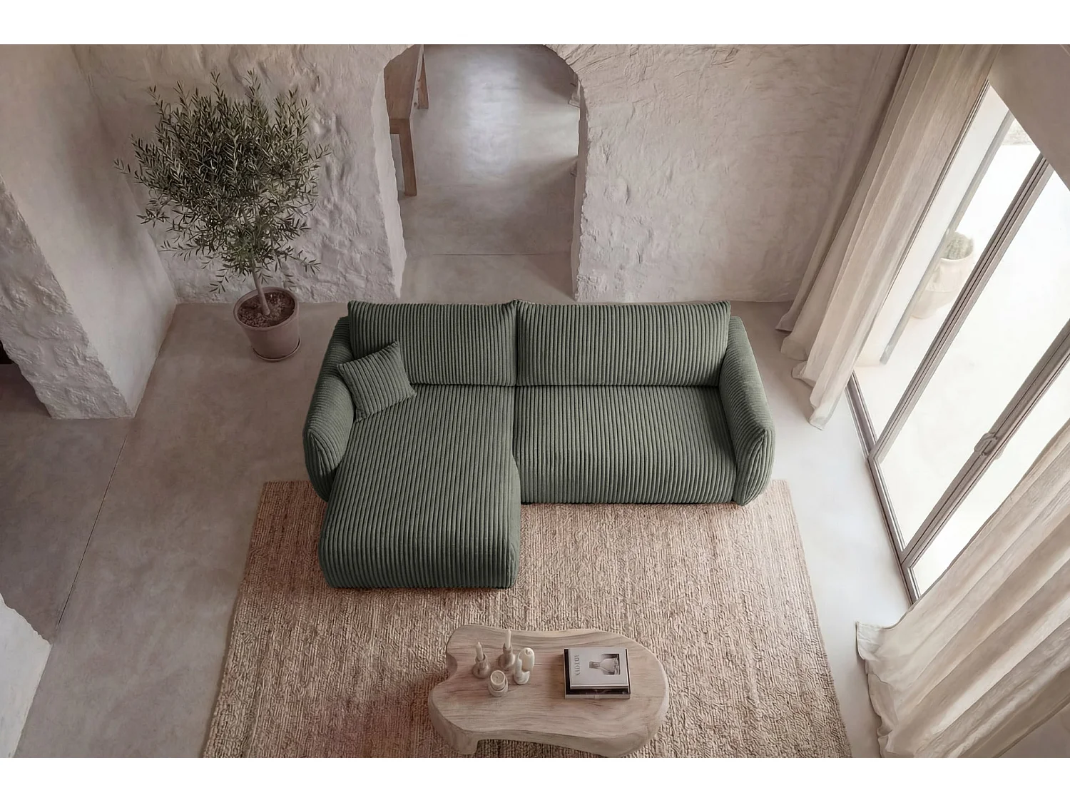 ELIO - Canapé d'angle convertible gros velours côtelé 4 places - Vert