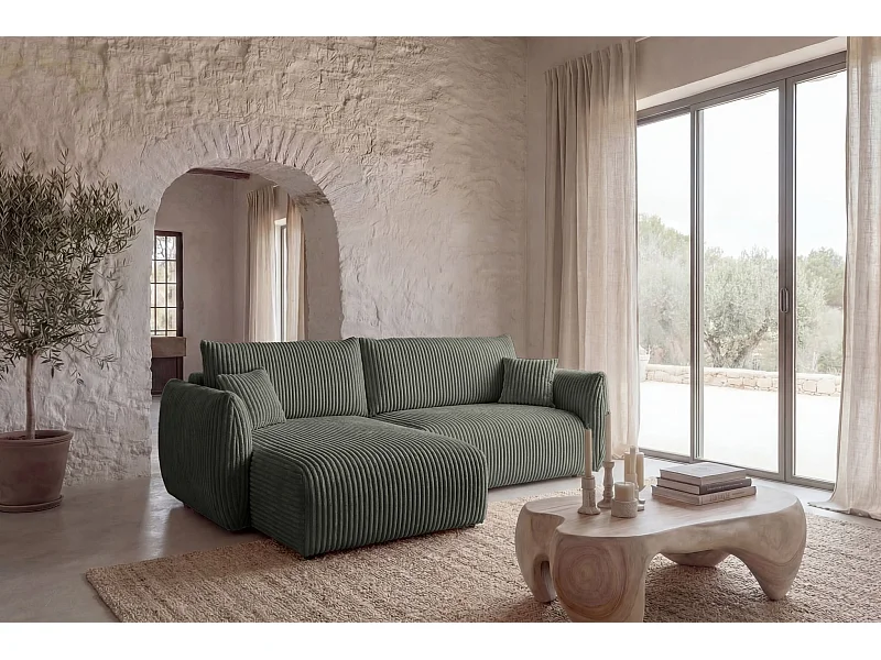 ELIO - Canapé d'angle convertible gros velours côtelé 4 places - Vert