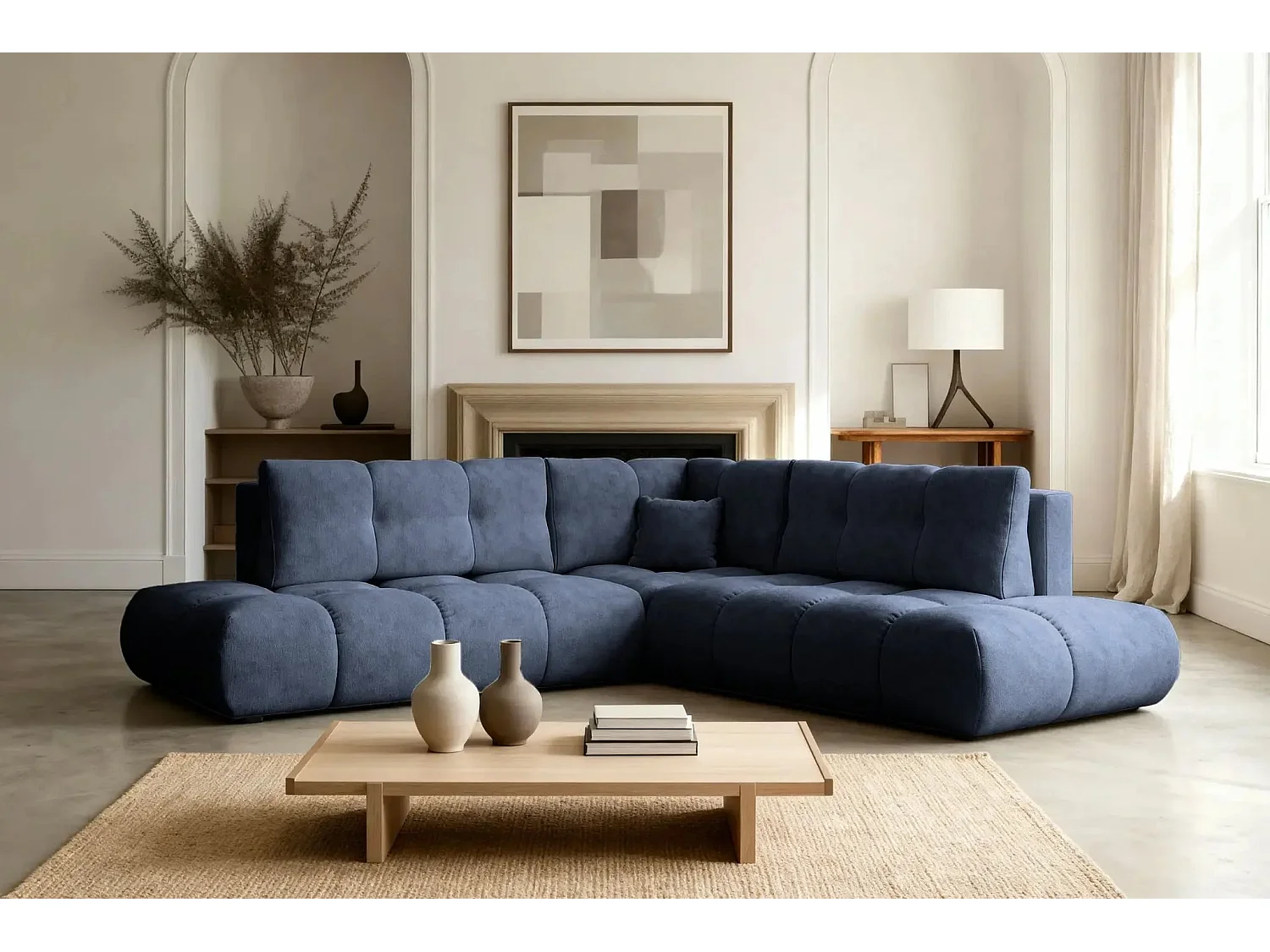 CONSTANCE L - Canapé d'angle convertible tissu chenille 4 places - Bleu - Gauche