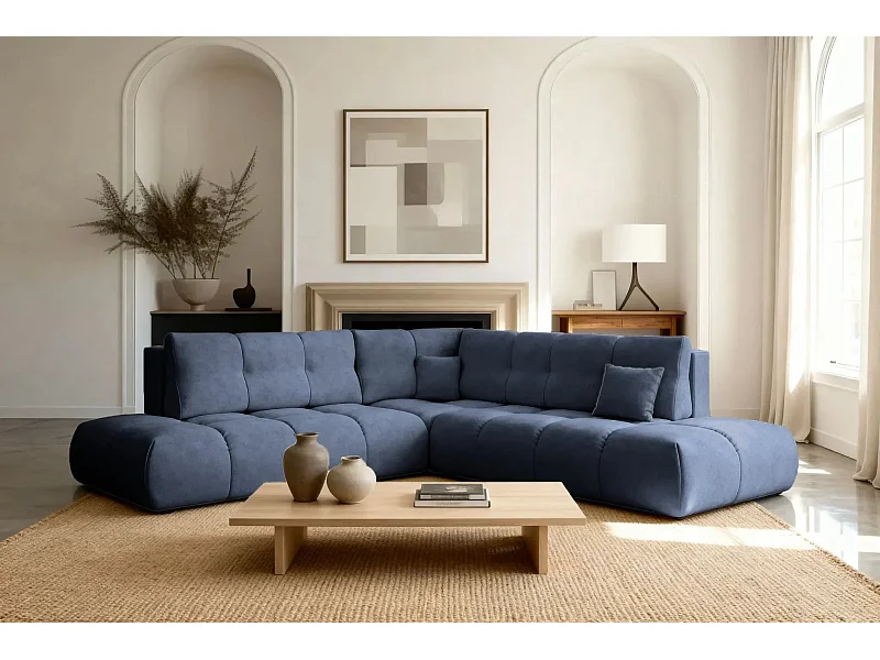 CONSTANCE L - Canapé d'angle convertible tissu chenille 4 places - Bleu - Gauche