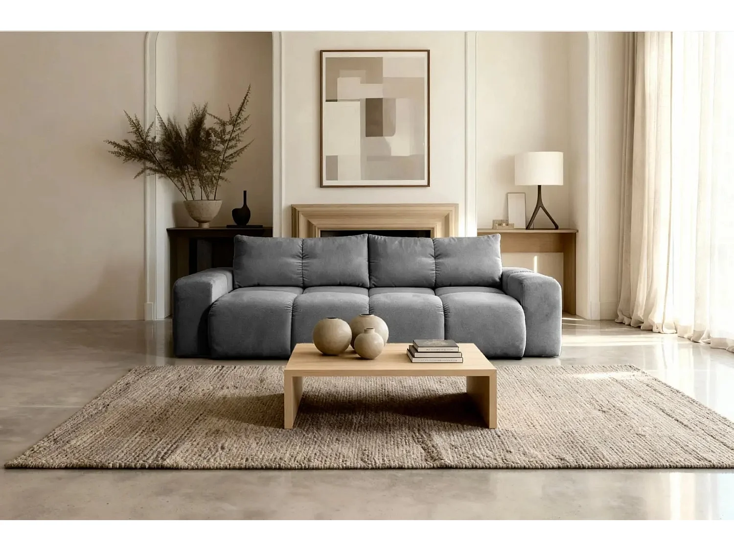 CONSTANCE - Canapé droit convertible tissu chenille - Gris anthracite