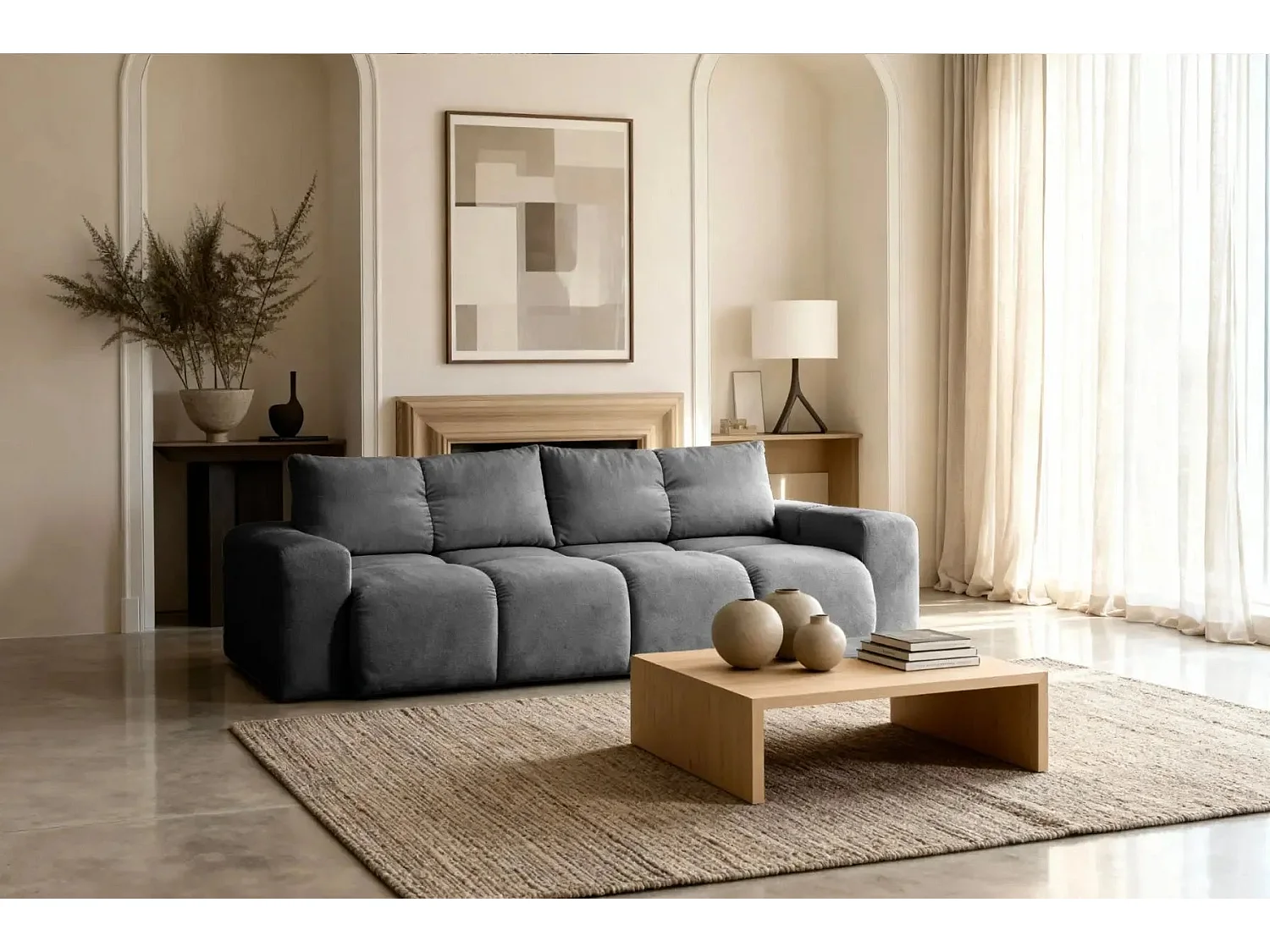 CONSTANCE - Canapé droit convertible tissu chenille 3 places - Gris anthracite