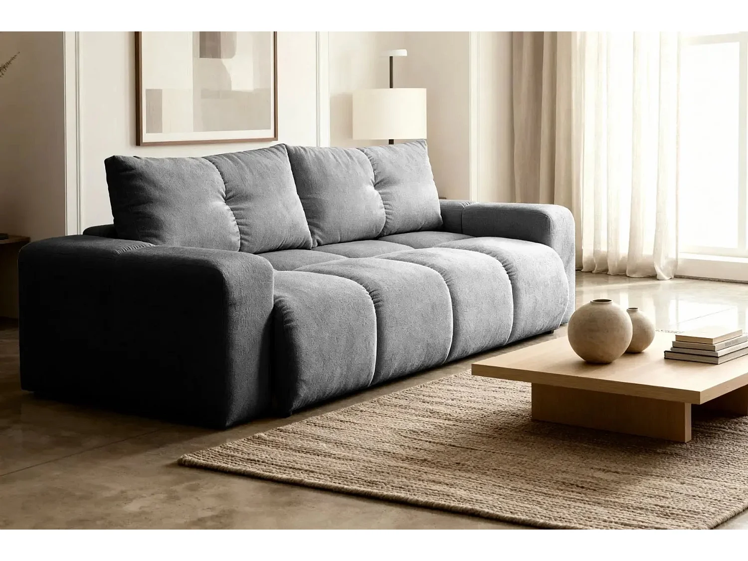 CONSTANCE - Canapé droit convertible tissu chenille 3 places - Gris anthracite