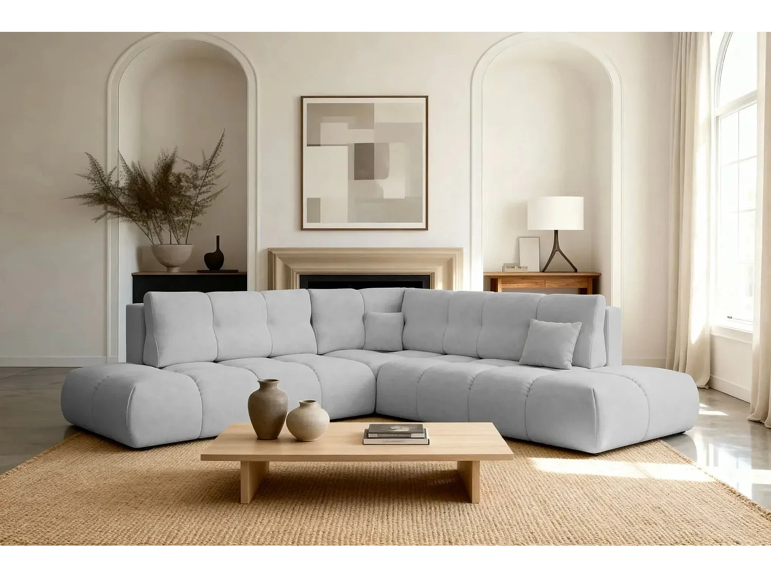 CONSTANCE L - Canapé d'angle convertible tissu chenille 4 places - Gris clair - Gauche