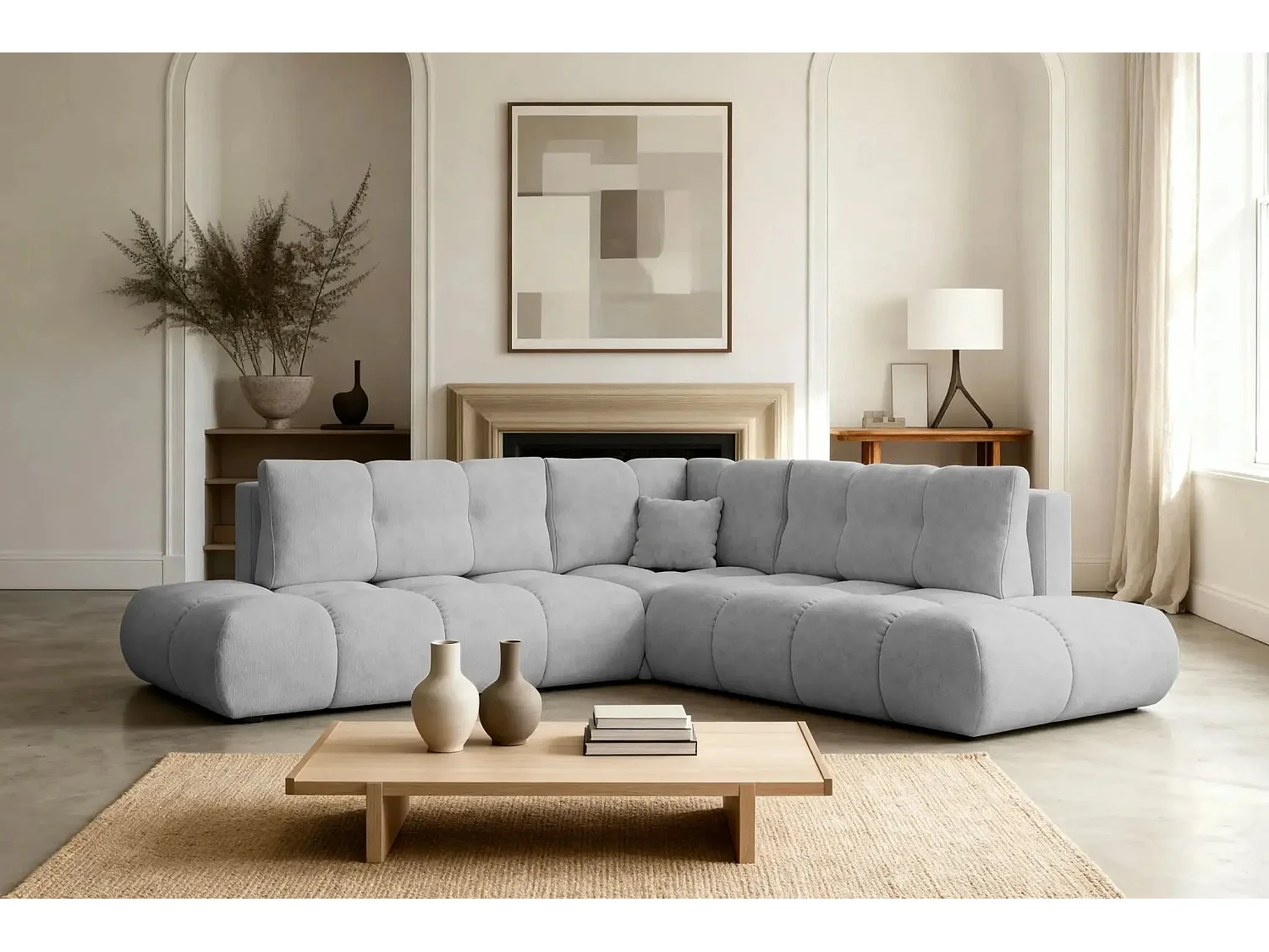 CONSTANCE L - Canapé d'angle convertible tissu chenille 4 places - Gris clair - Gauche