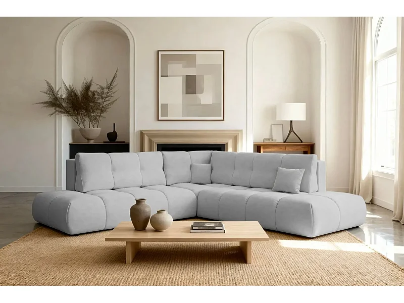 CONSTANCE L - Canapé d'angle convertible tissu chenille 4 places - Gris clair - Gauche