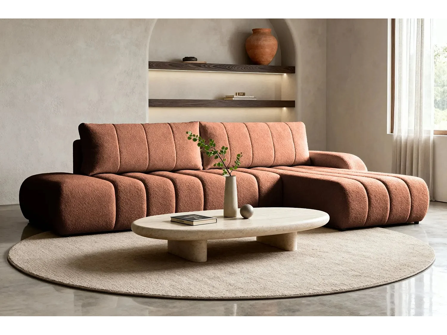 CELESTE - Canapé d'angle convertible tissu bouclette - Terracotta - Droit