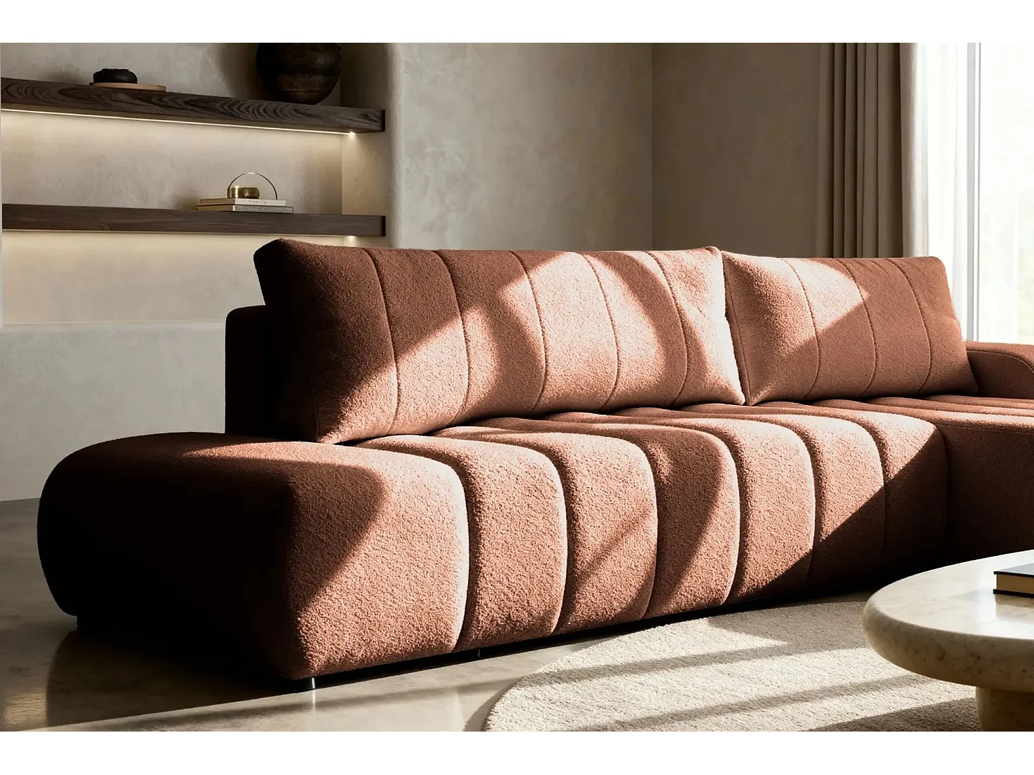 CELESTE - Canapé d'angle convertible tissu bouclette 4 places - Terracotta - Droit