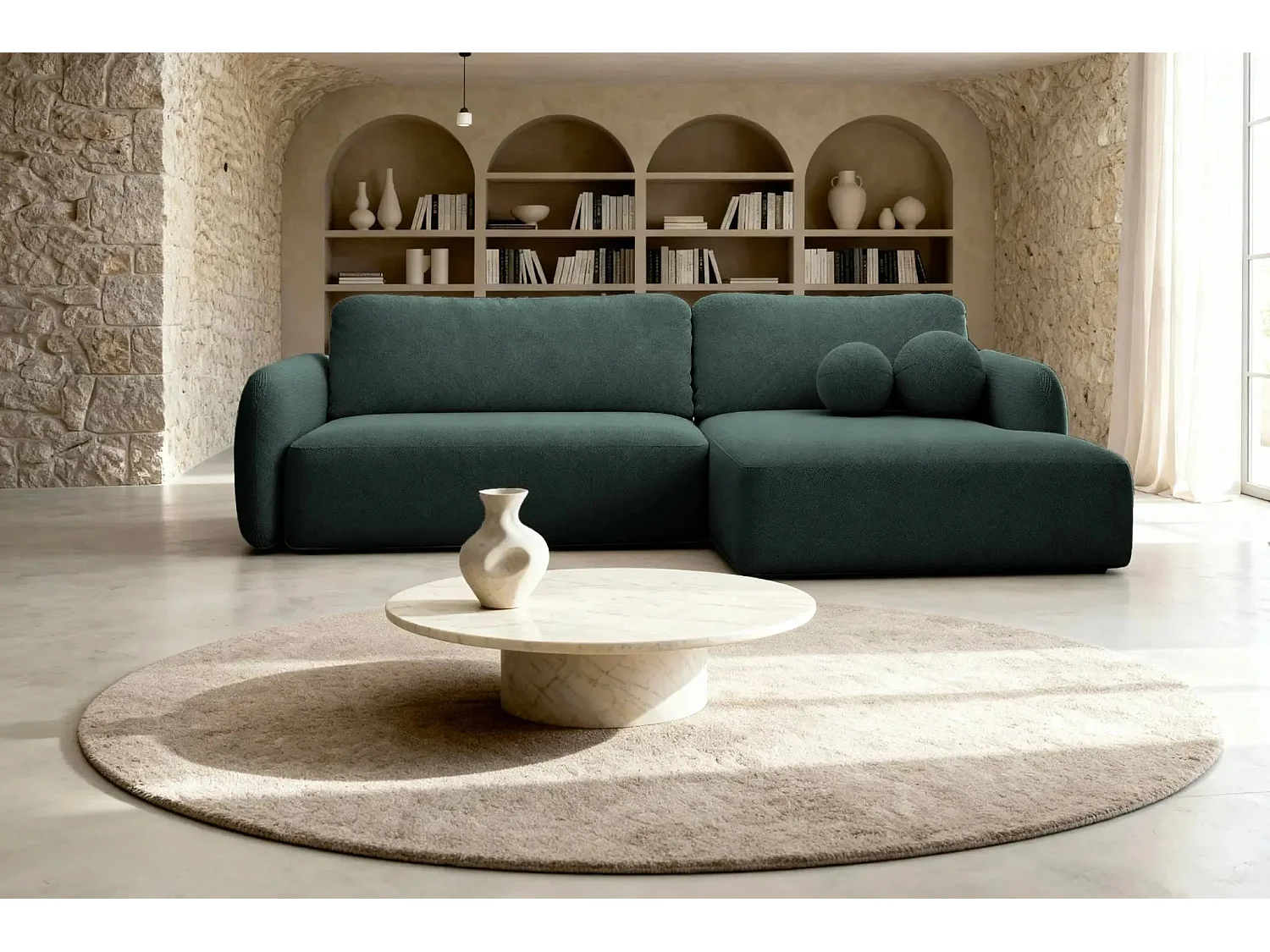 GIGI - Canapé d'angle convertible tissu bouclette 4 places - Vert - Droit