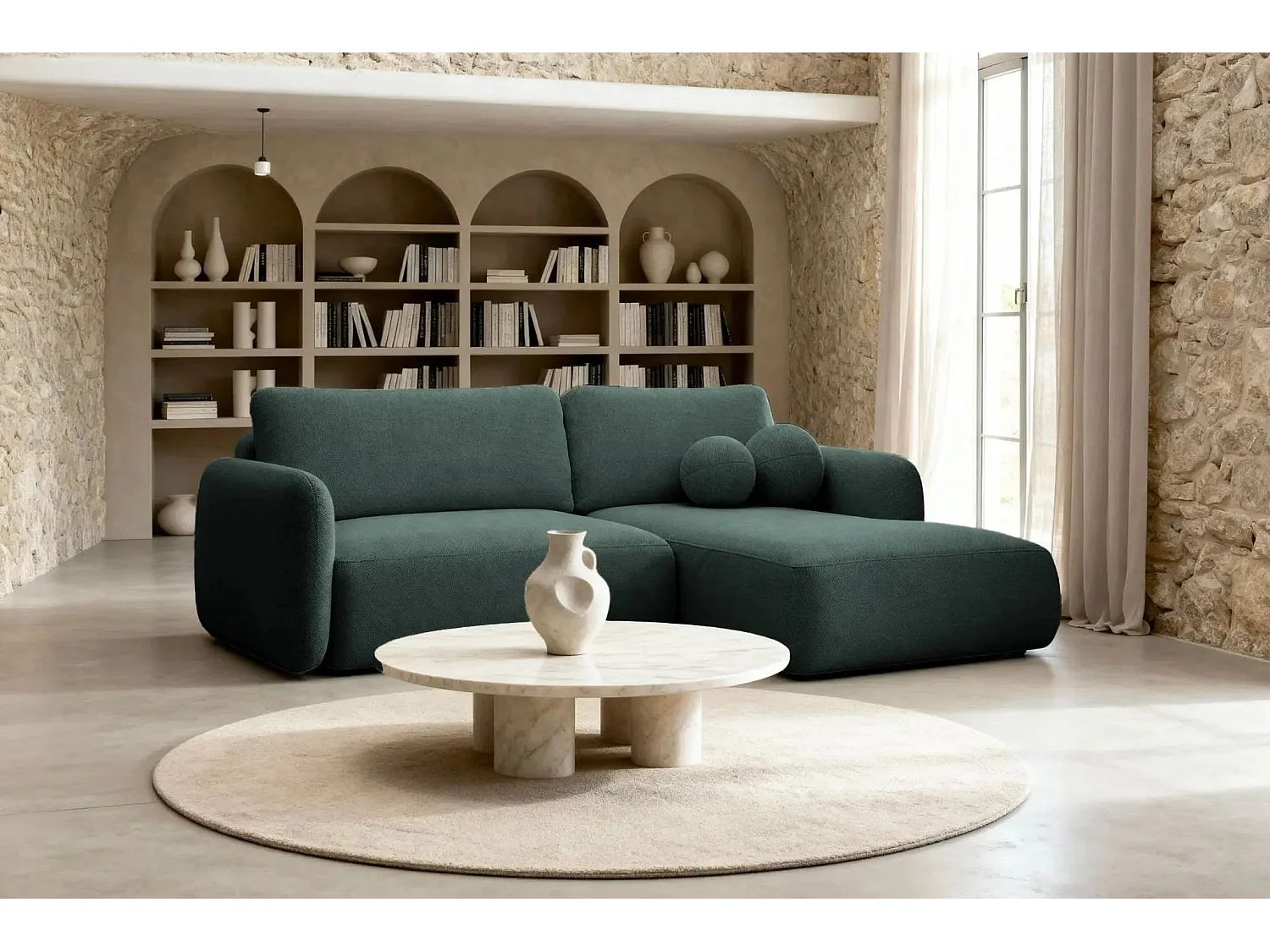 GIGI - Canapé d'angle convertible tissu bouclette 4 places - Vert - Droit