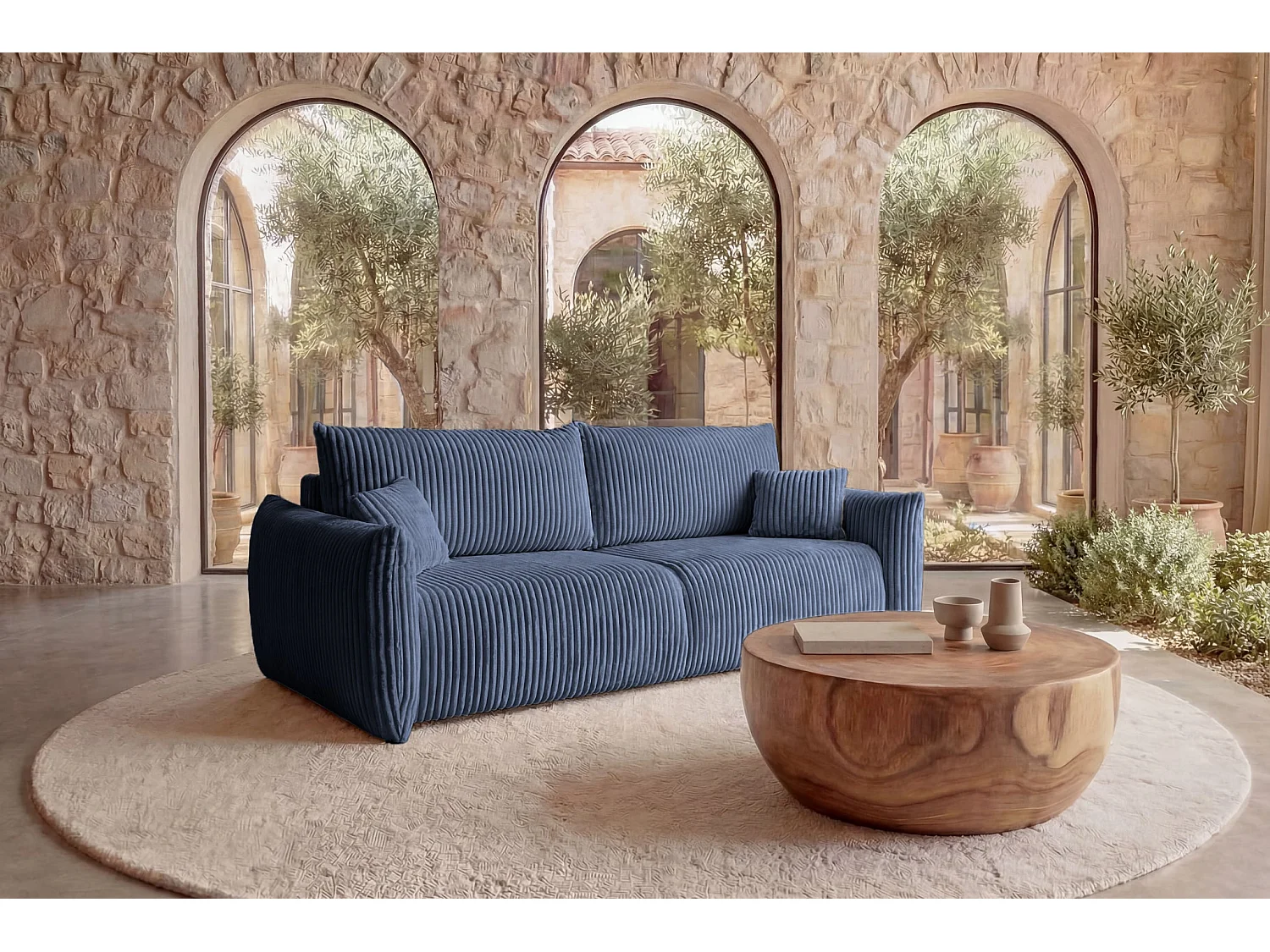 ELIO - Canapé droit convertible gros velours côtelé - Bleu