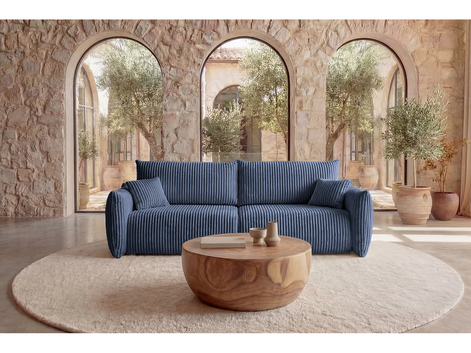 ELIO - Canapé droit convertible gros velours côtelé - Bleu