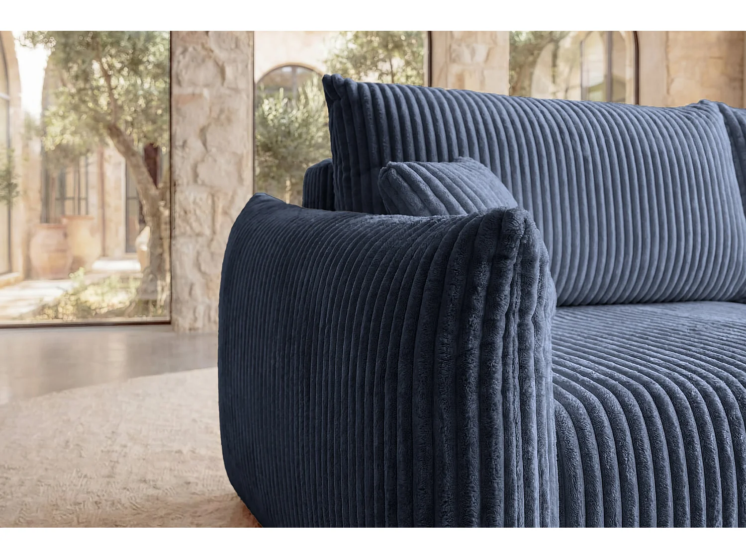 ELIO - Canapé droit convertible gros velours côtelé - Bleu