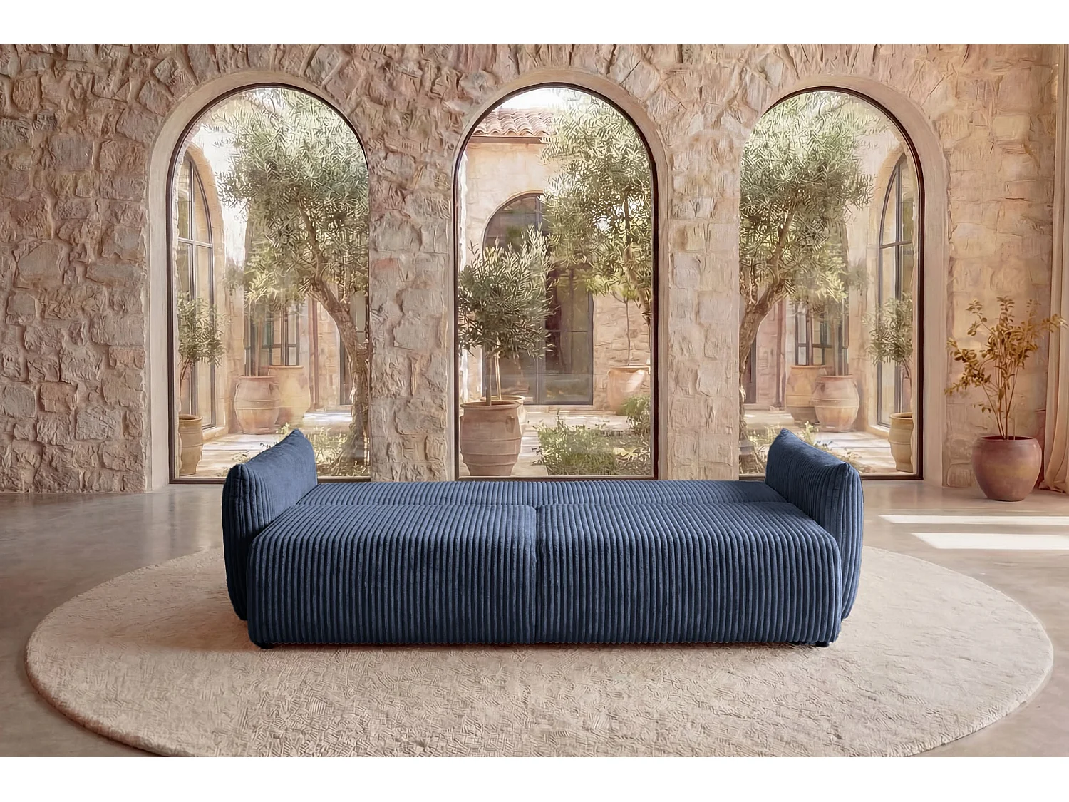 ELIO - Canapé droit convertible gros velours côtelé - Bleu