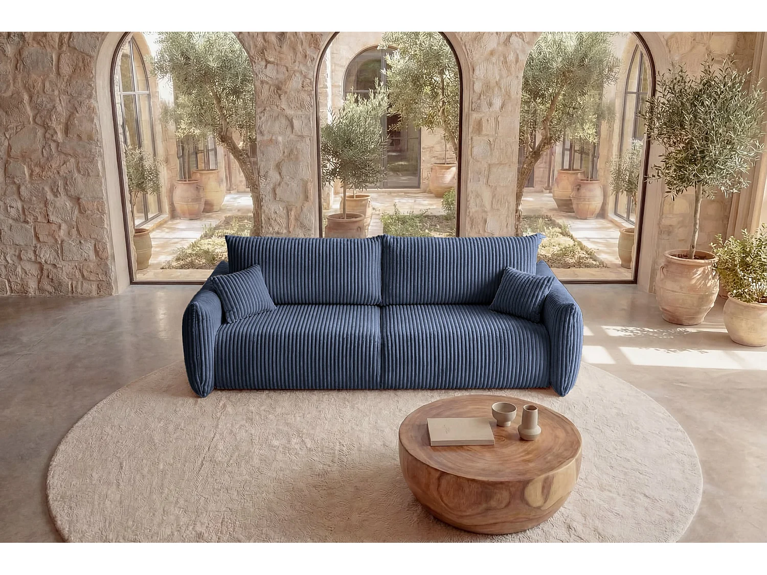 ELIO - Canapé droit convertible gros velours côtelé - Bleu