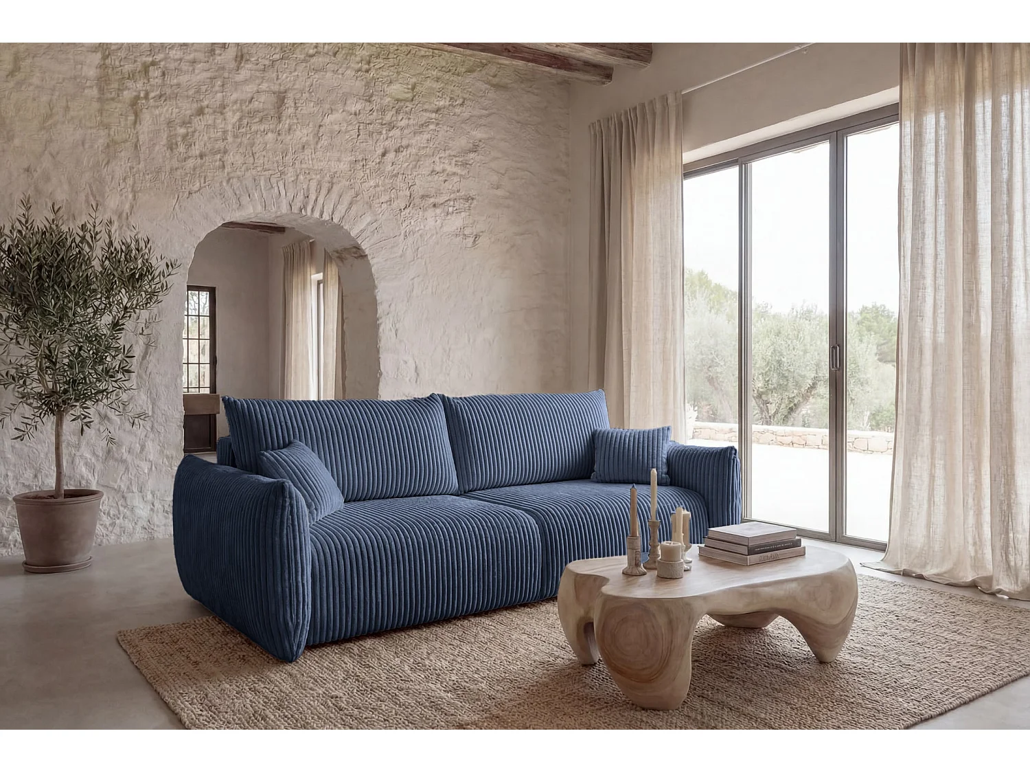 ELIO - Canapé droit convertible gros velours côtelé 3 places - Bleu