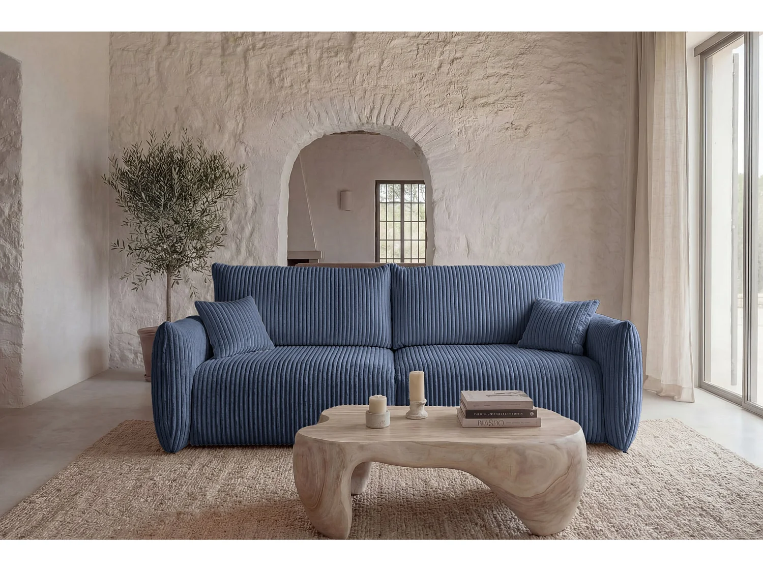 ELIO - Canapé droit convertible gros velours côtelé 3 places - Bleu