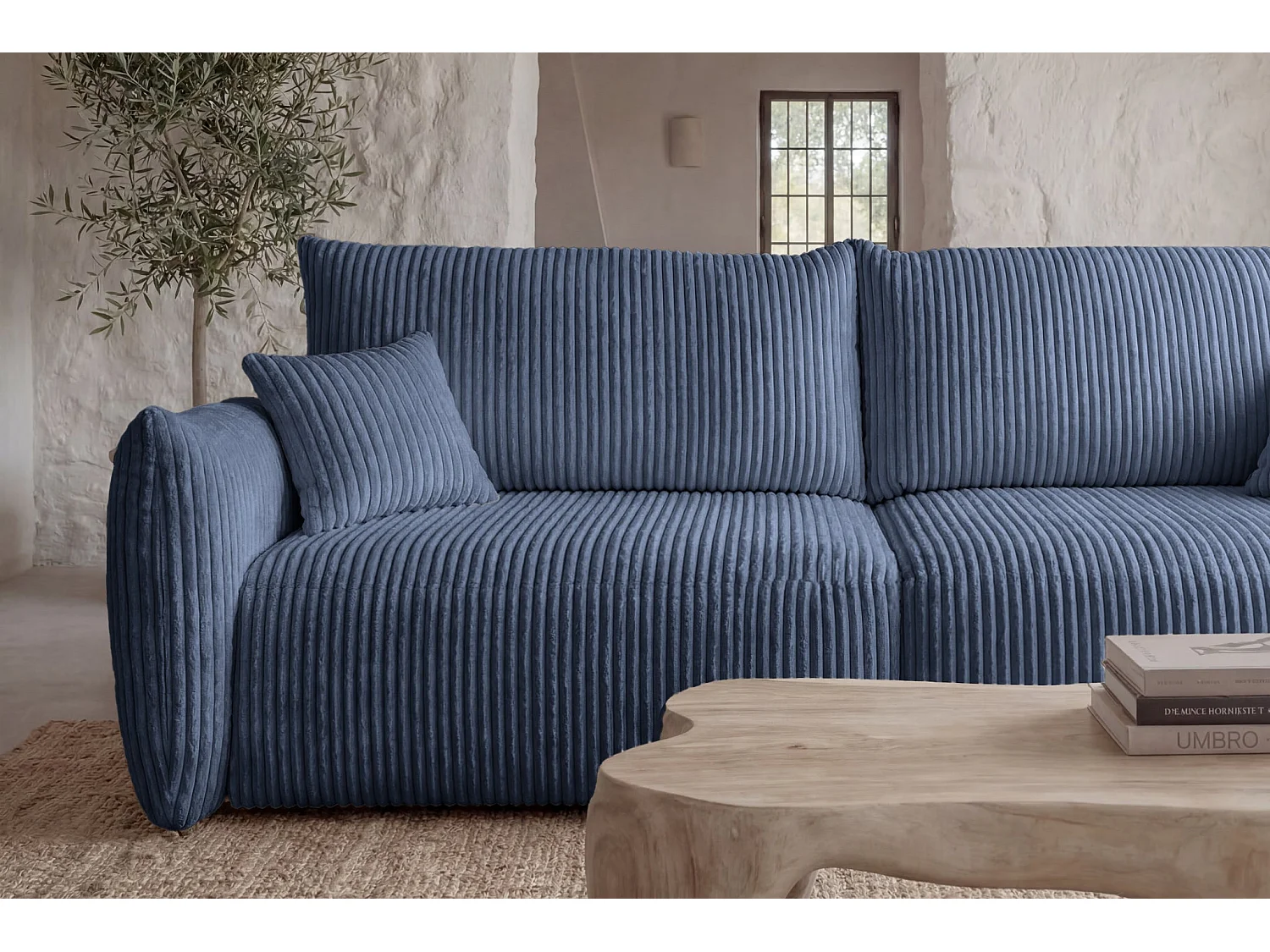 ELIO - Canapé droit convertible gros velours côtelé 3 places - Bleu