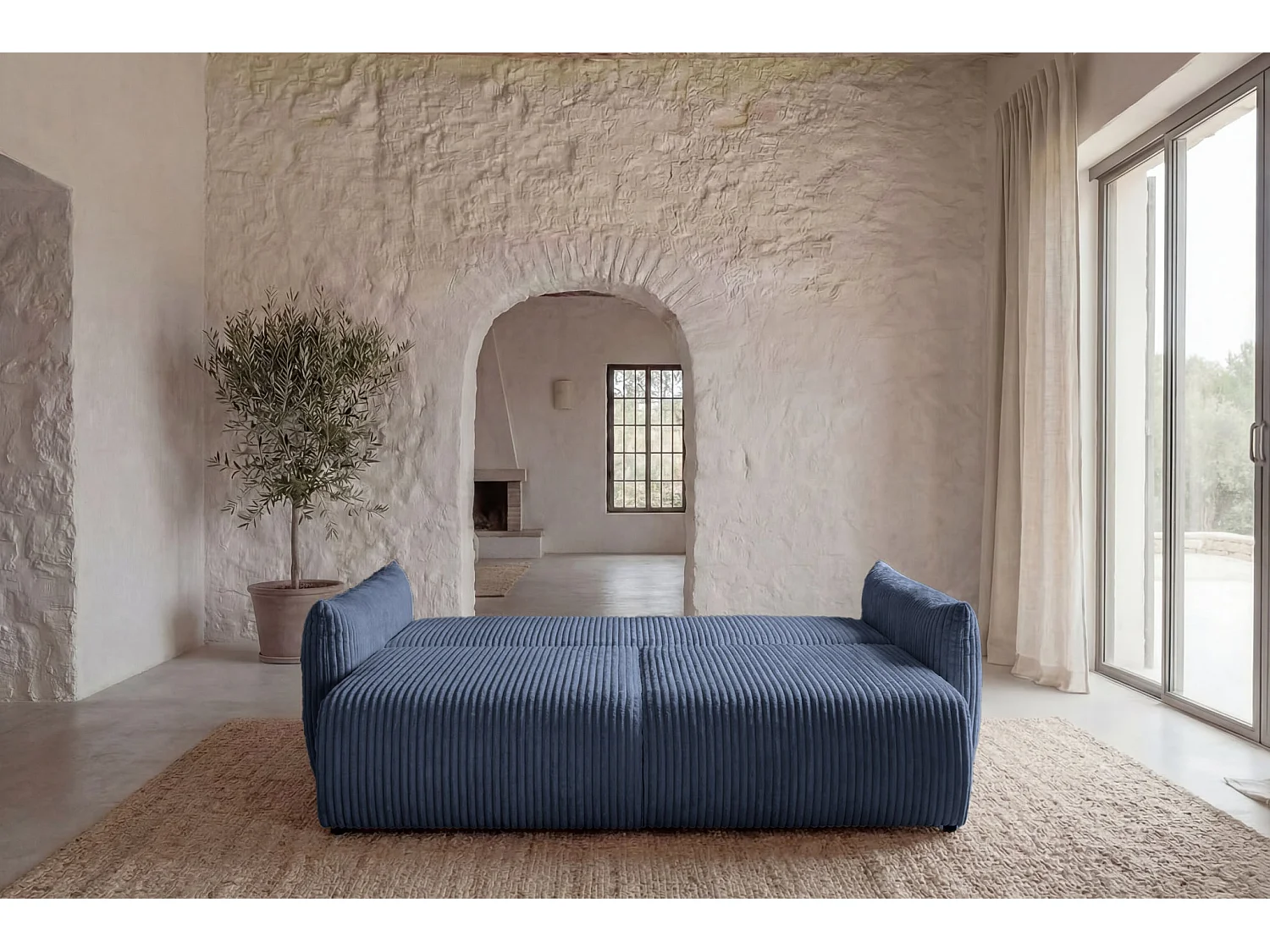 ELIO - Canapé droit convertible gros velours côtelé 3 places - Bleu