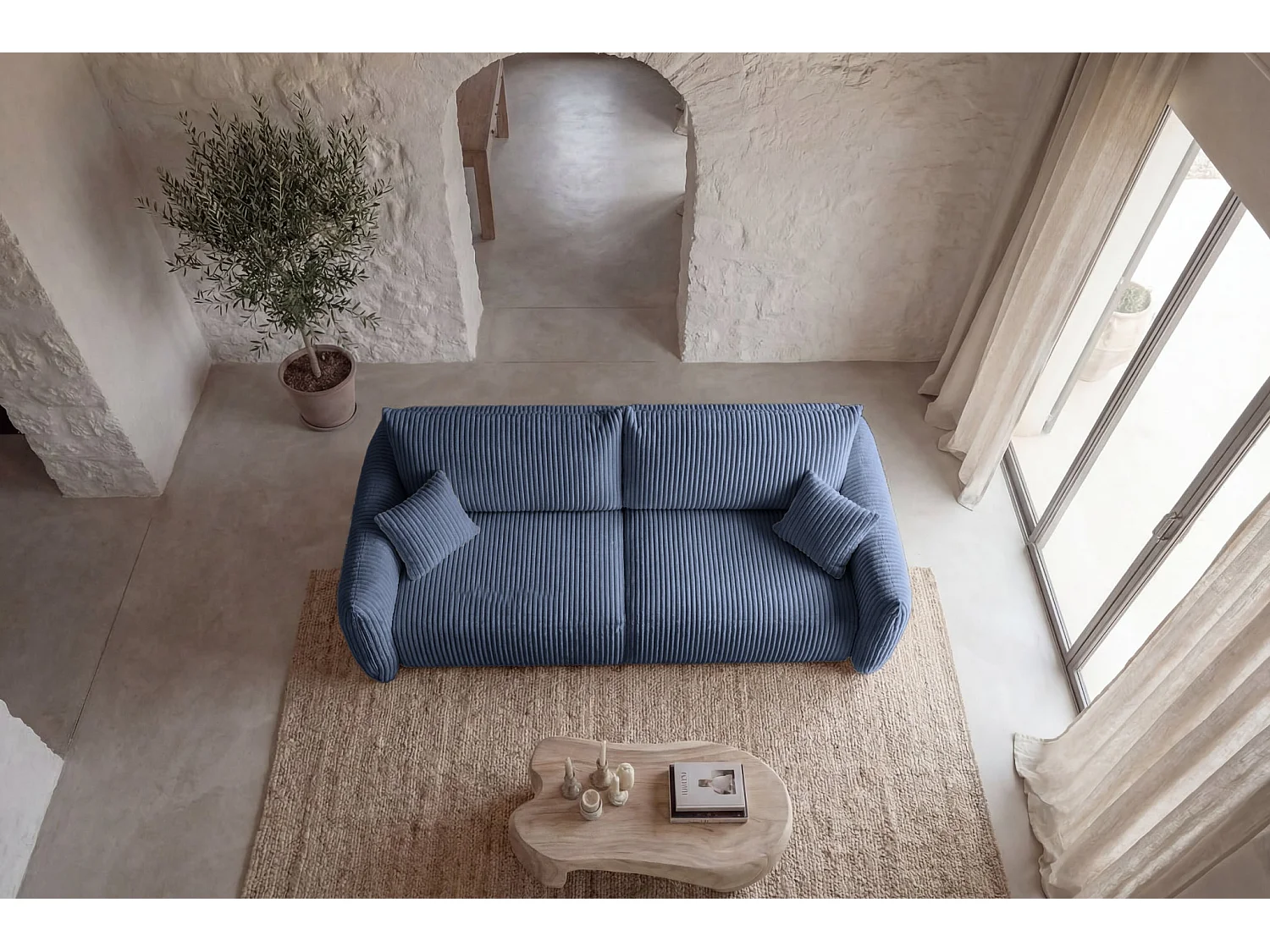 ELIO - Canapé droit convertible gros velours côtelé 3 places - Bleu