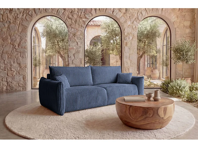 ELIO - Canapé droit convertible gros velours côtelé - Bleu