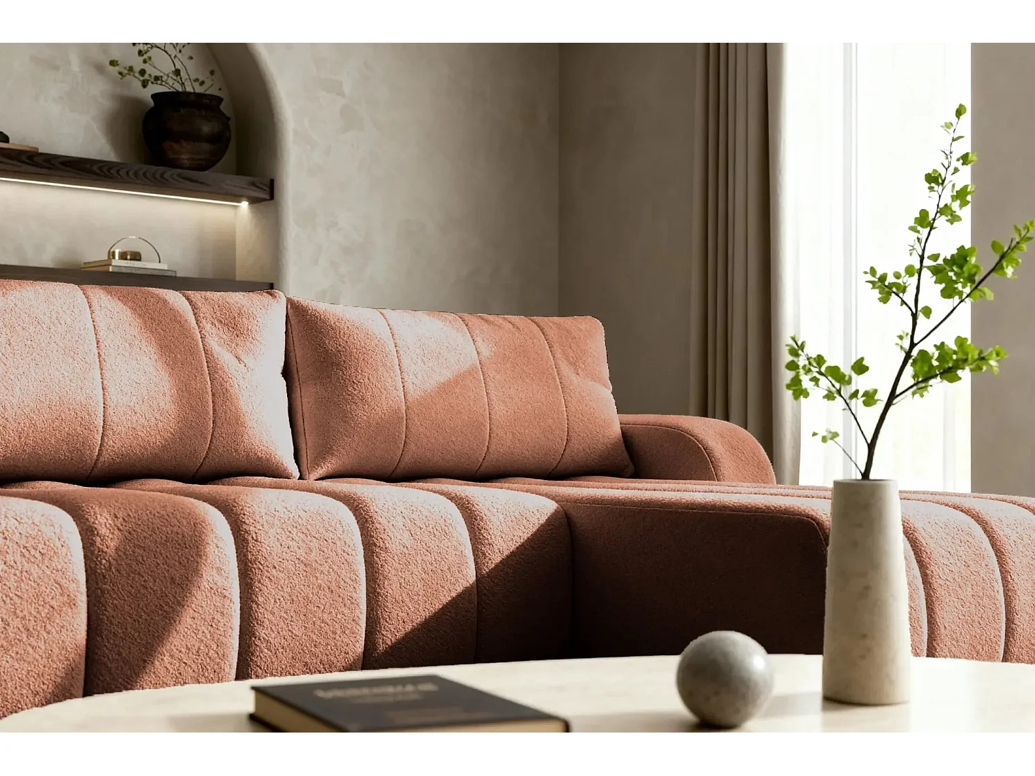 CELESTE - Canapé d'angle convertible tissu bouclette - Terracotta - Gauche