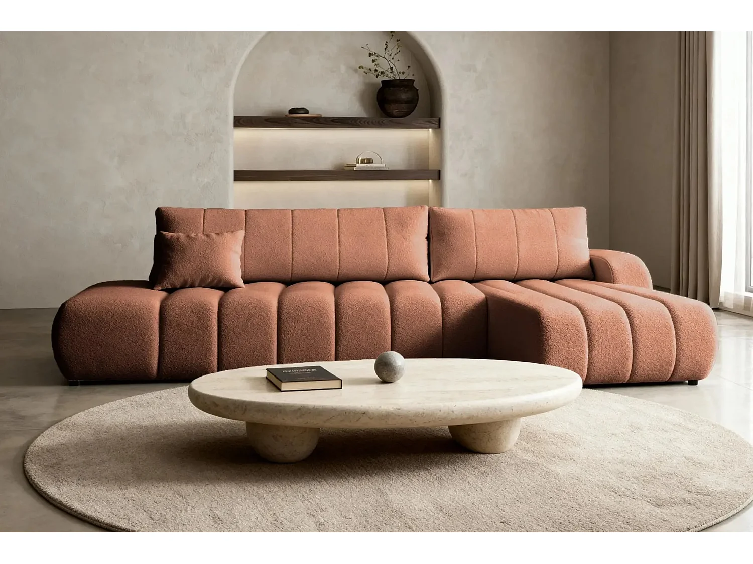 CELESTE - Canapé d'angle convertible tissu bouclette 4 places - Terracotta - Gauche