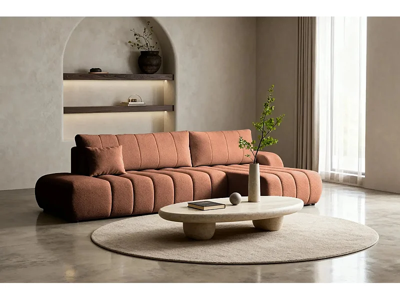 CELESTE - Canapé d'angle convertible tissu bouclette - Terracotta - Gauche