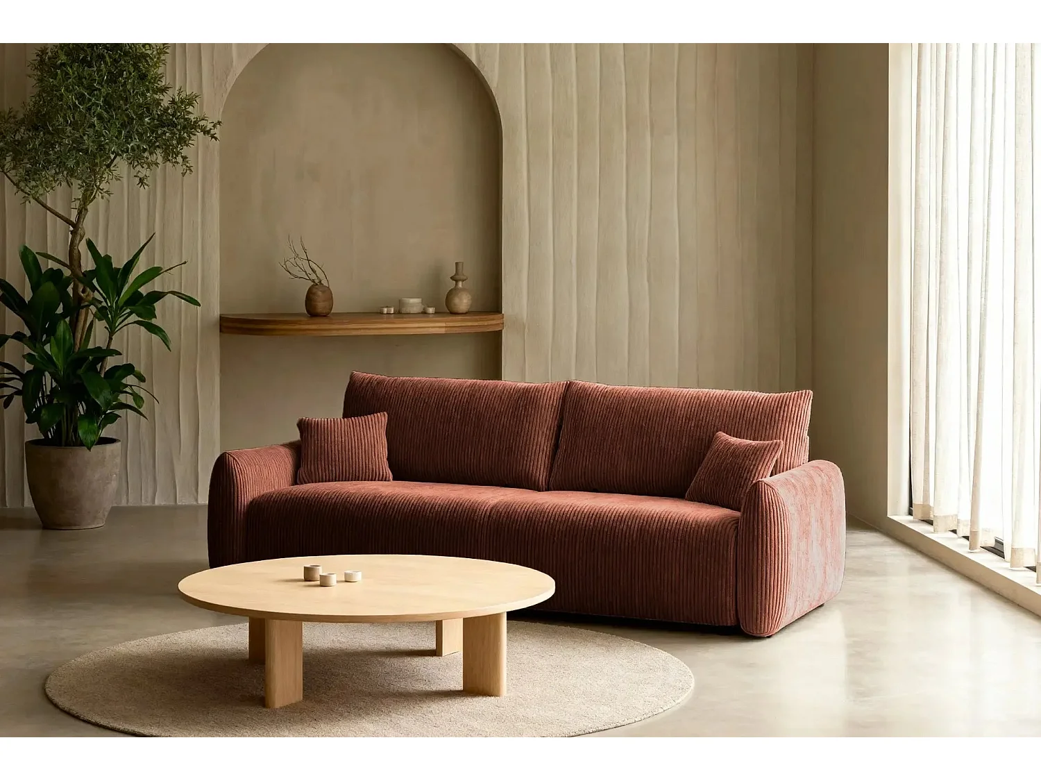 ELIO - Canapé droit convertible petit velours côtelé - Terracotta