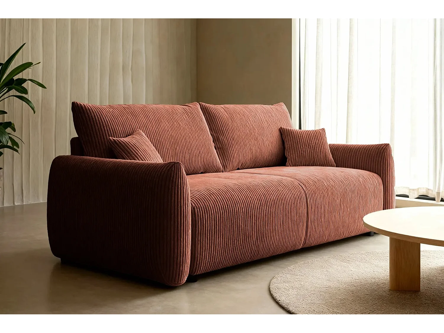 ELIO - Canapé droit convertible petit velours côtelé 3 places - Terracotta