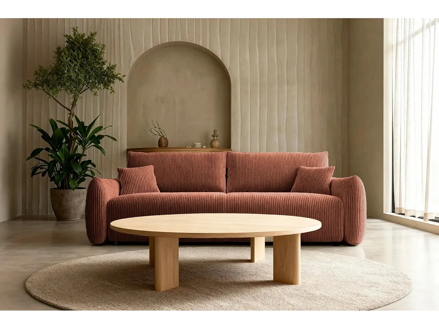 ELIO - Canapé droit convertible petit velours côtelé 3 places - Terracotta