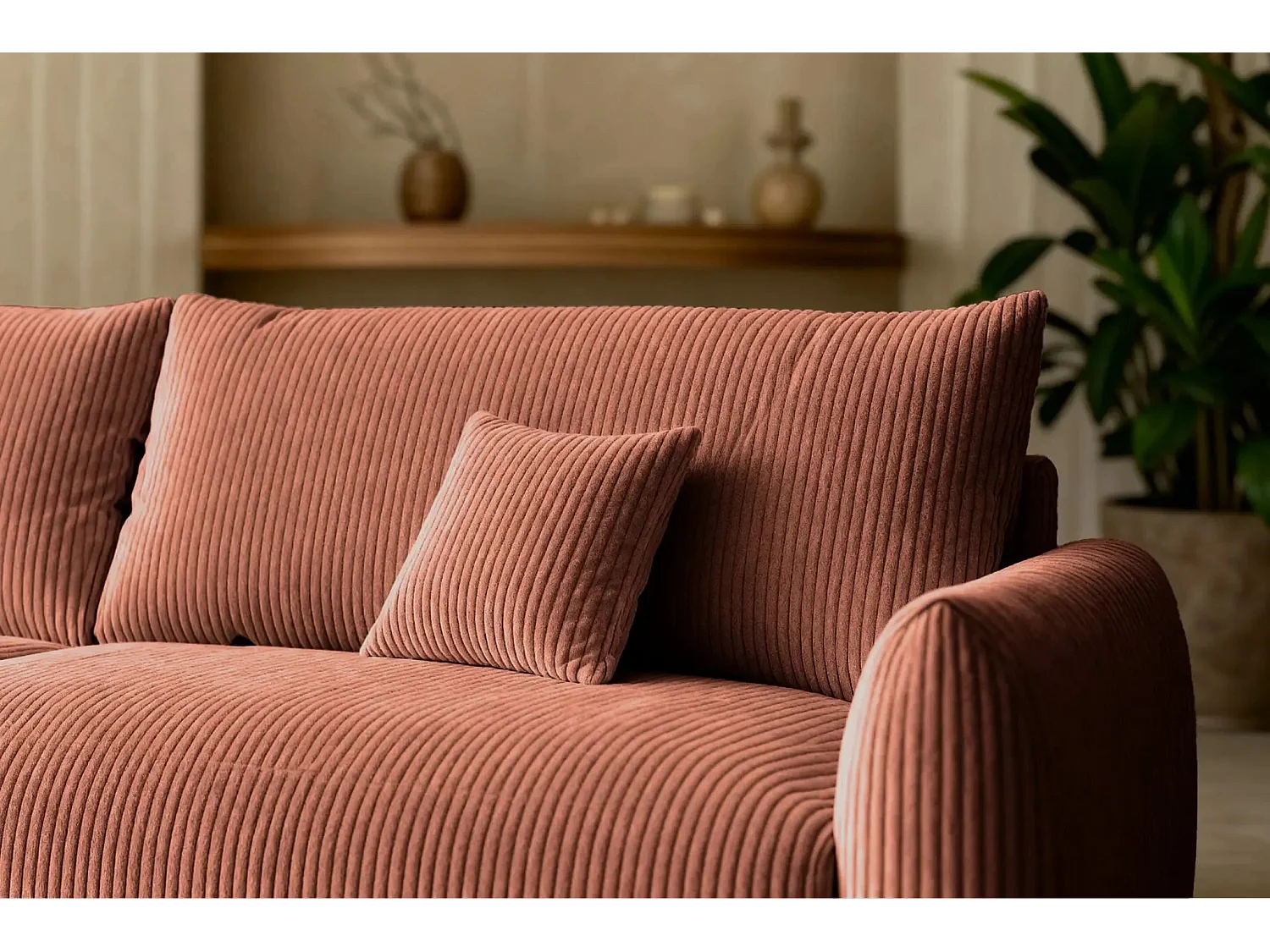 ELIO - Canapé droit convertible petit velours côtelé 3 places - Terracotta