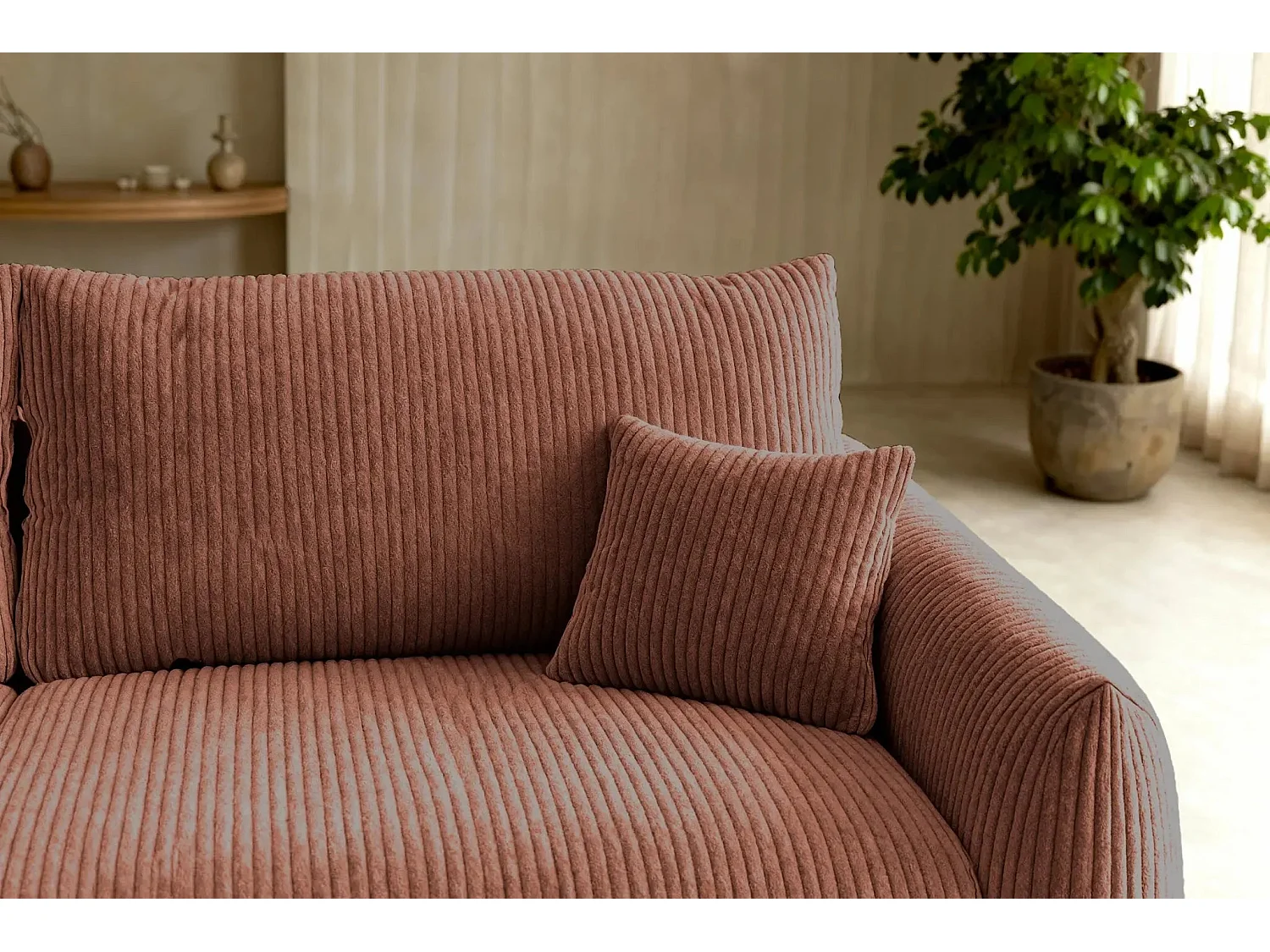 ELIO - Canapé droit convertible petit velours côtelé 3 places - Terracotta