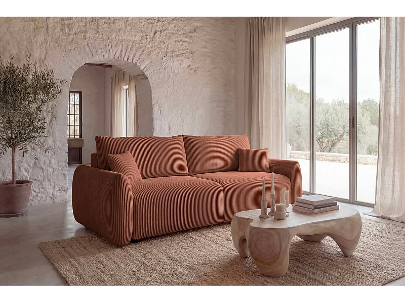 ELIO - Canapé droit convertible petit velours côtelé 3 places - Terracotta