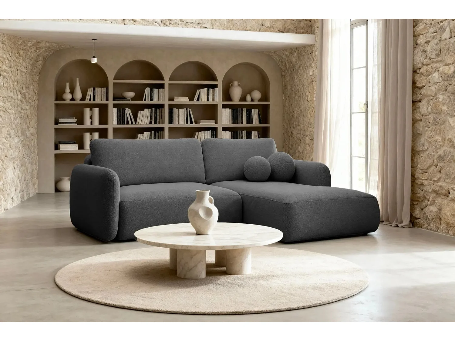 GIGI - Canapé d'angle convertible tissu bouclette 4 places - Gris foncé - Droit