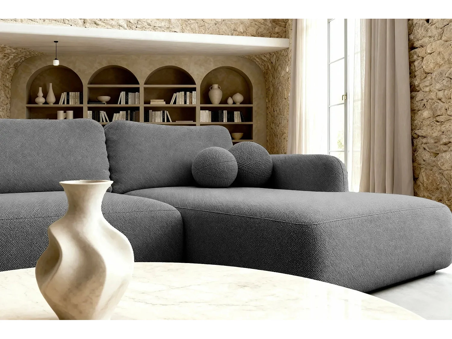 GIGI - Canapé d'angle convertible tissu bouclette 4 places - Gris foncé - Droit