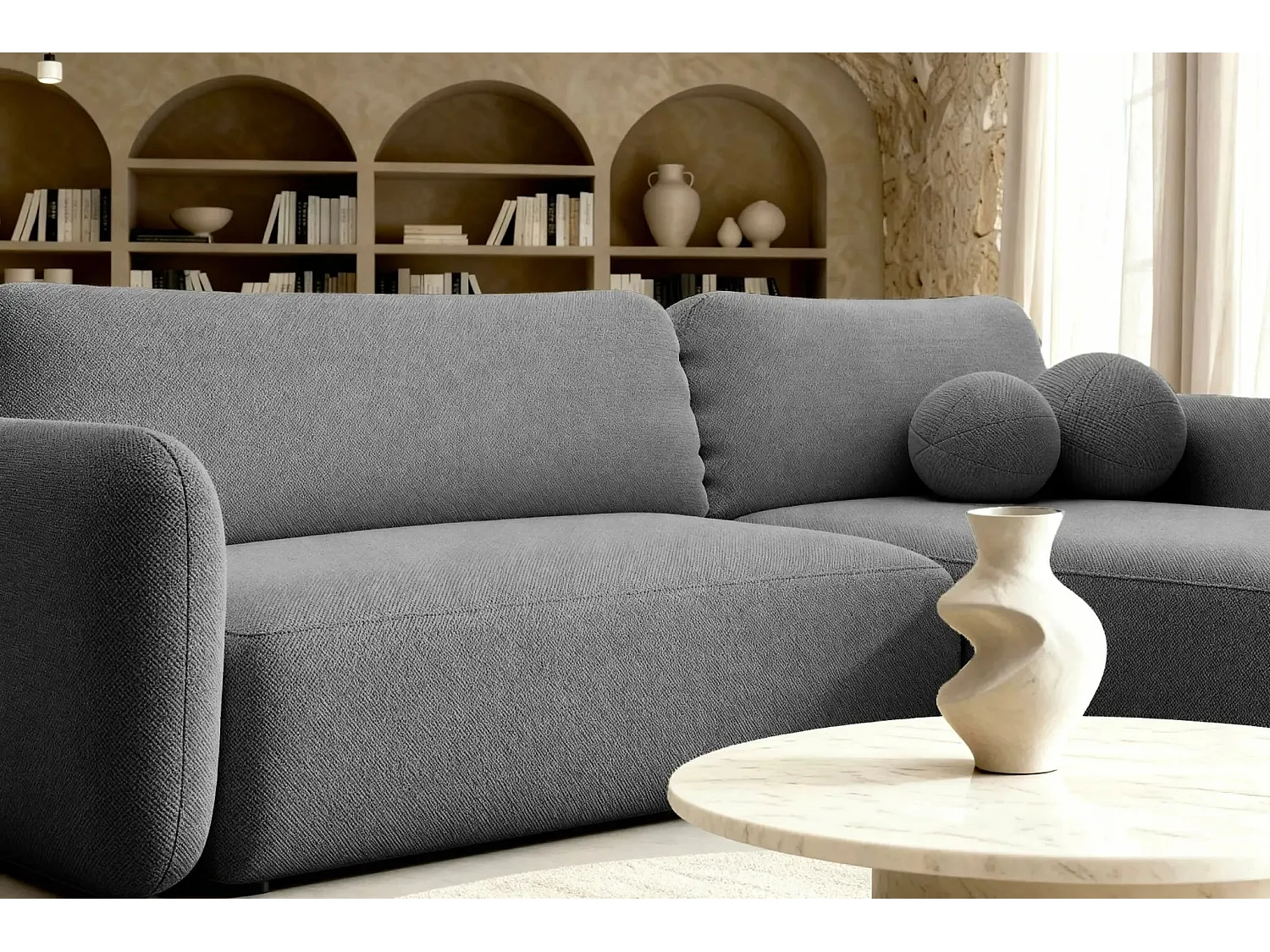 GIGI - Canapé d'angle convertible tissu bouclette 4 places - Gris foncé - Droit