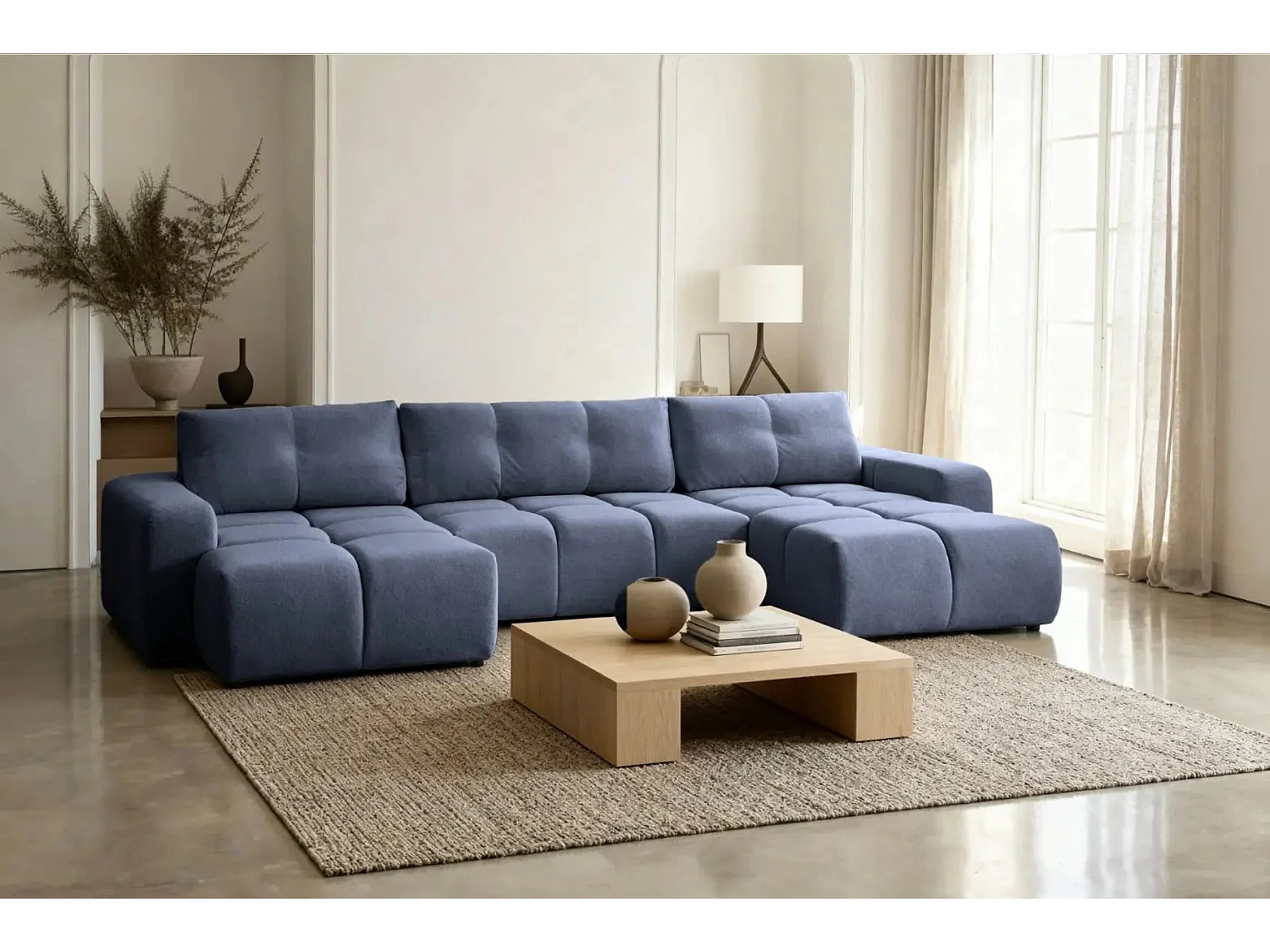 CONSTANCE - Canapé panoramique convertible tissu chenille - Bleu