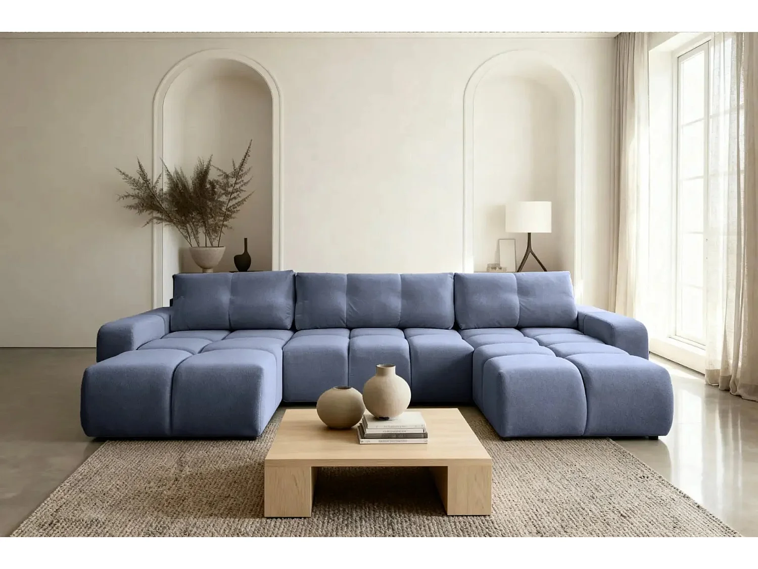 CONSTANCE - Canapé panoramique convertible tissu chenille - Bleu