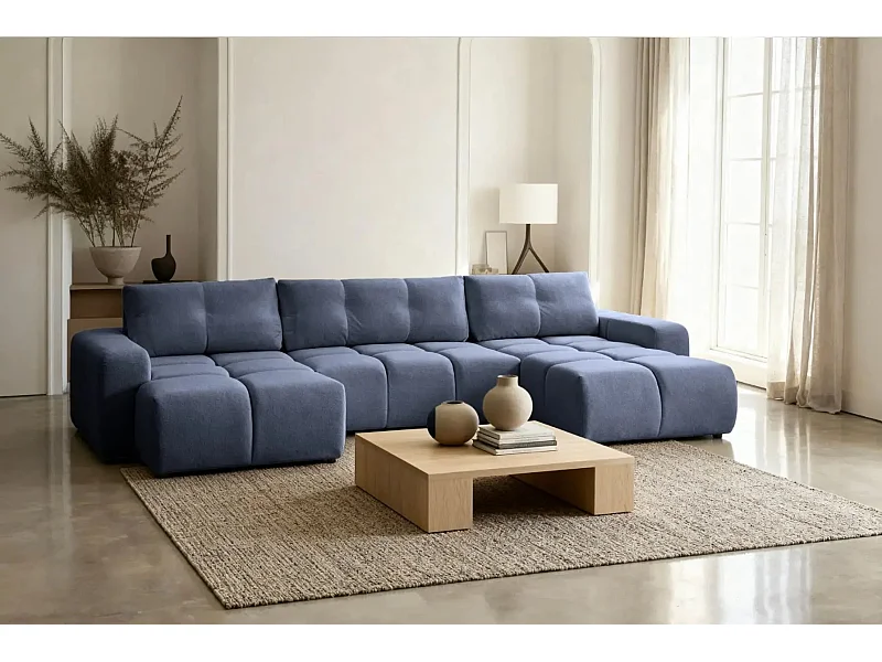 CONSTANCE - Canapé panoramique convertible tissu chenille 5 places - Bleu