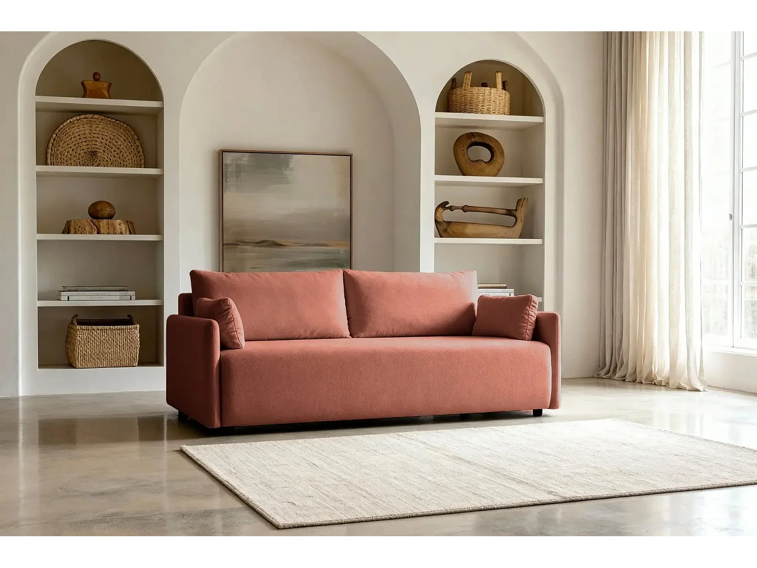 AXELLE - Canapé droit convertible tissu lisse - Terracotta