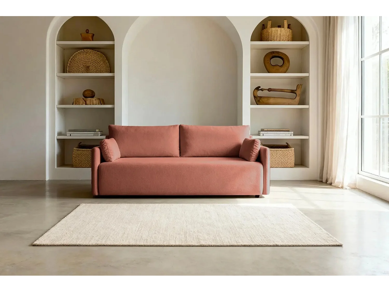 AXELLE - Canapé droit convertible tissu lisse - Terracotta