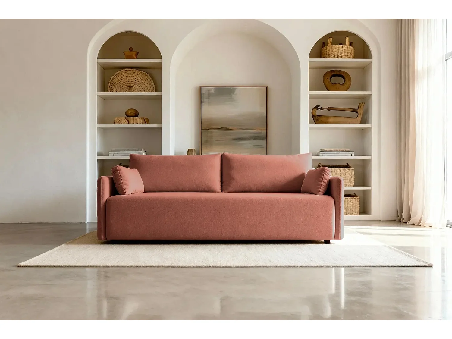 AXELLE - Canapé droit convertible tissu lisse 2 places - Terracotta